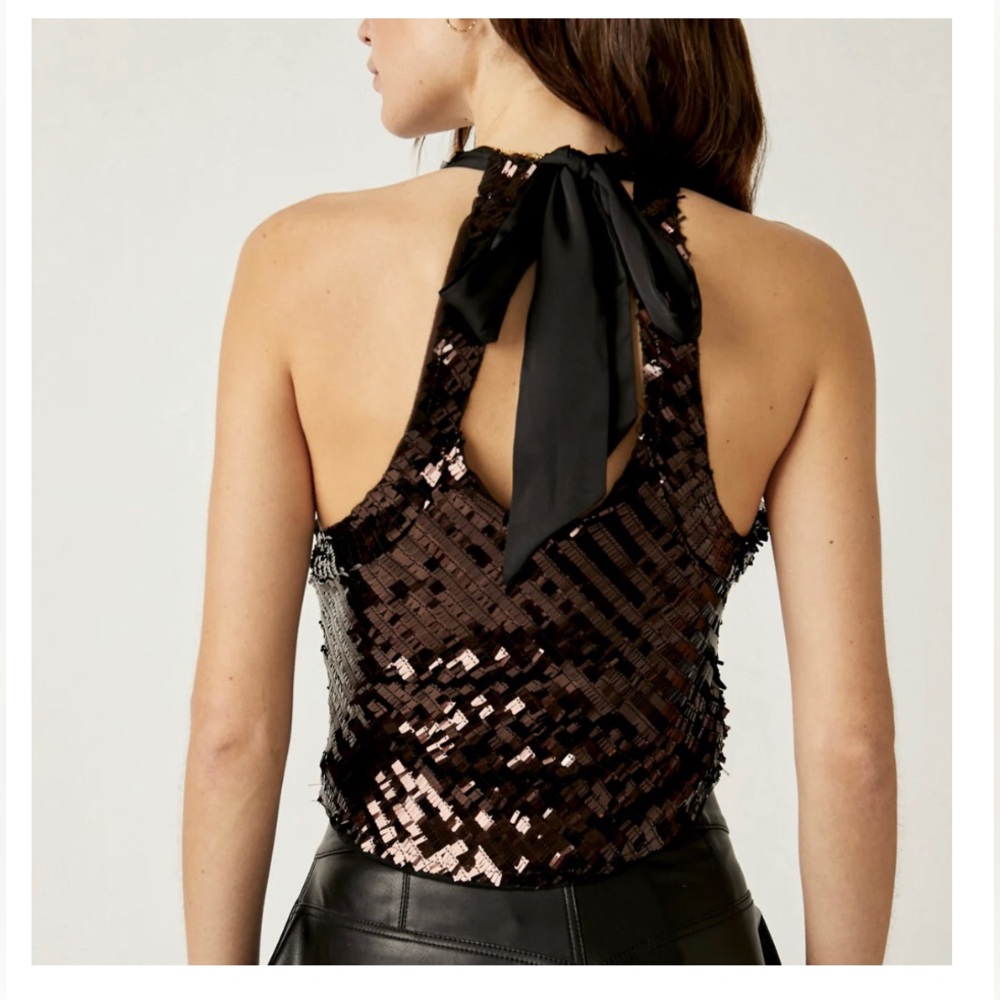 Free People intimately free disco fever black sequin sash neck tie top size S - Picture 2 of 8